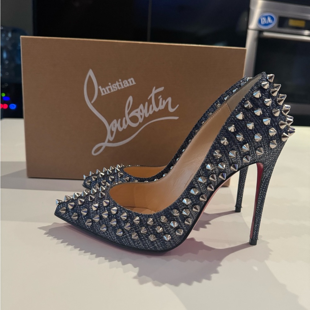 Authentic CHRISTIAN LOUBOUTIN size 34.5 Follies Spikes 100 DENIM Lame Lux Pumps